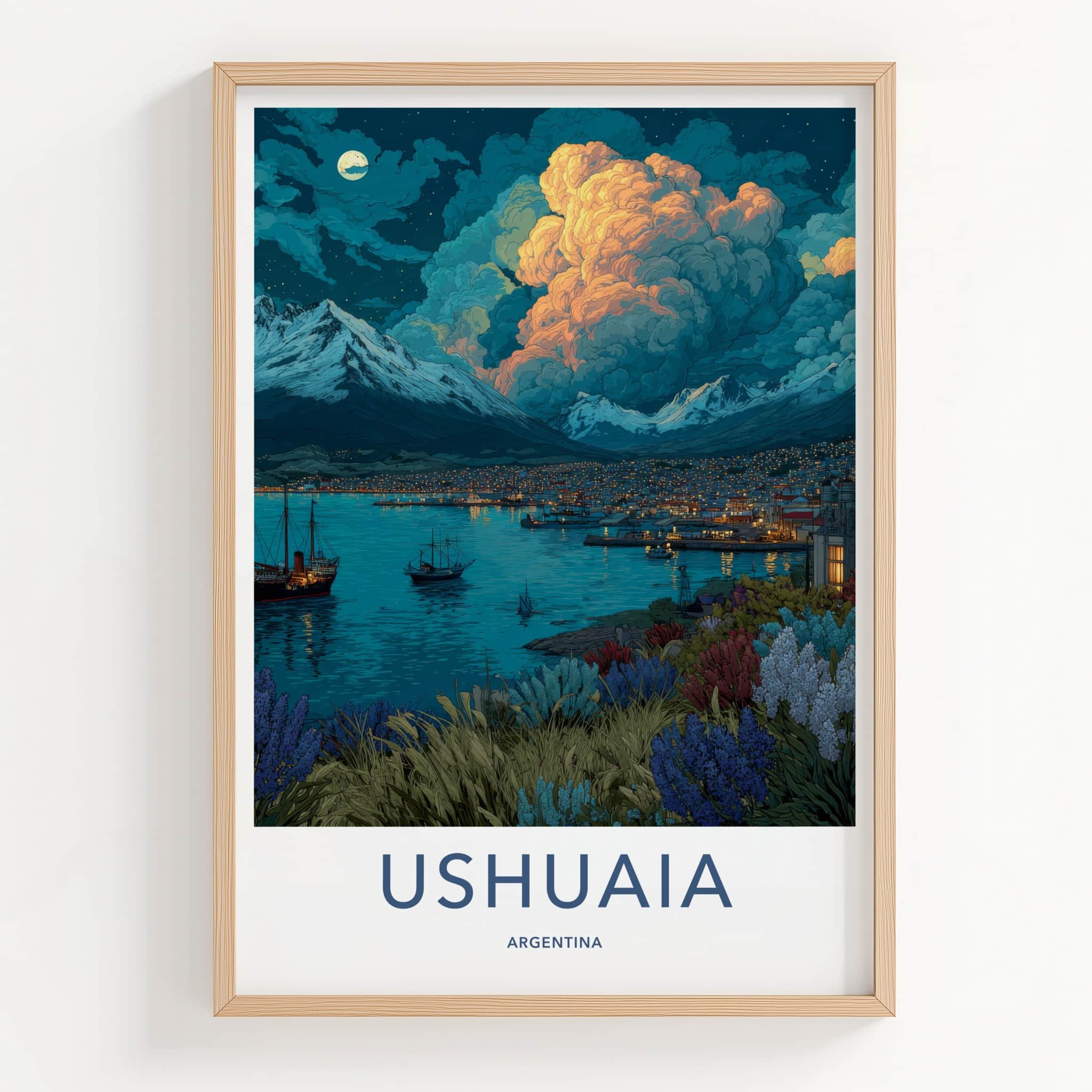 Ushuaia Poster - Argentina Travel Print - Night Harbor City Home Decor