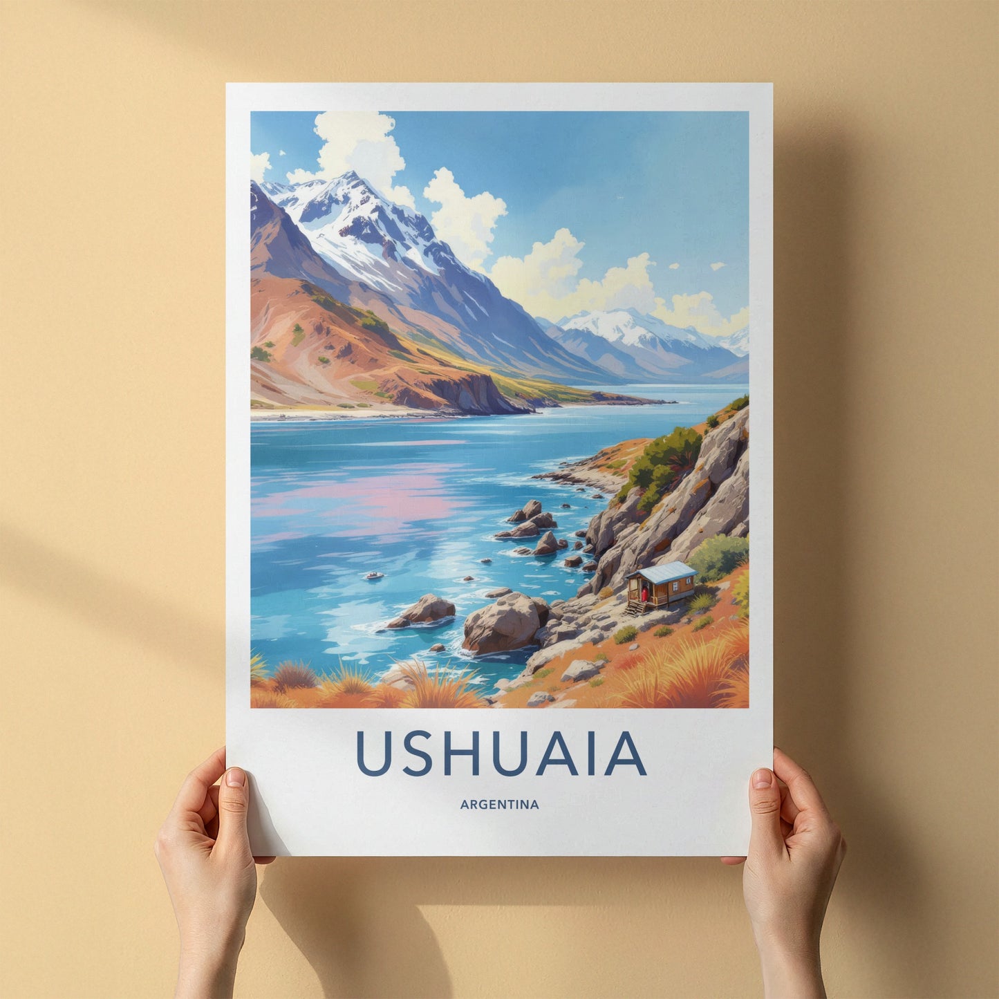 Ushuaia Poster - Argentina Wall Art - Mountain Lakeside Cabin Home Decor
