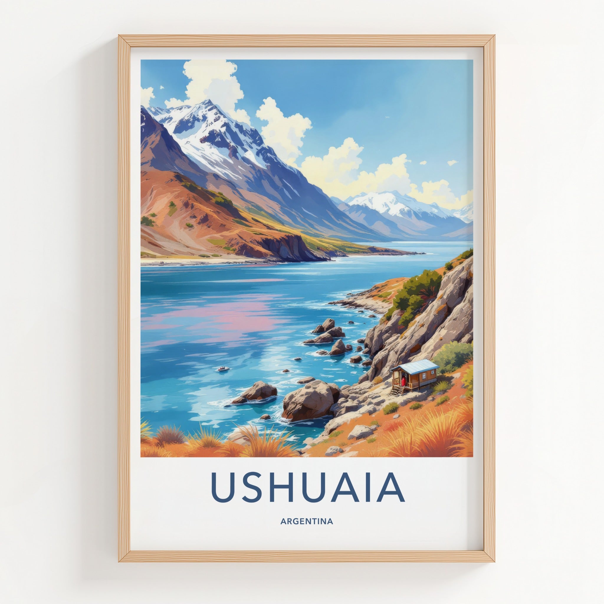 Ushuaia Poster - Argentina Wall Art - Mountain Lakeside Cabin Home Decor
