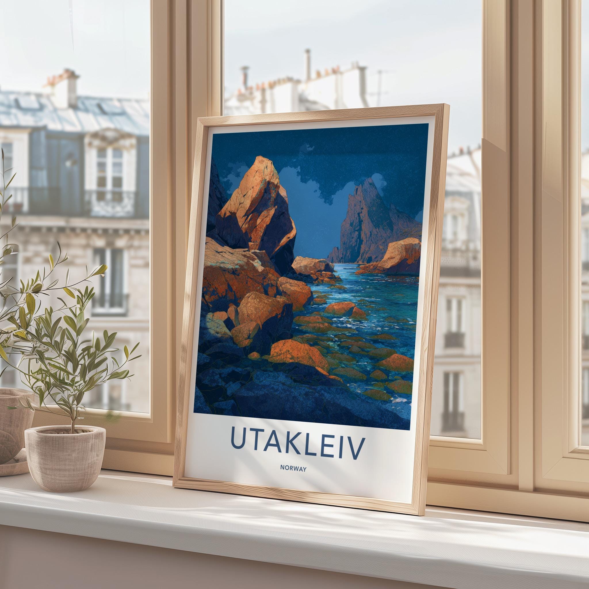 Utakleiv Poster - Norway Travel Art - Vibrant Coastal Rocks Home Decor