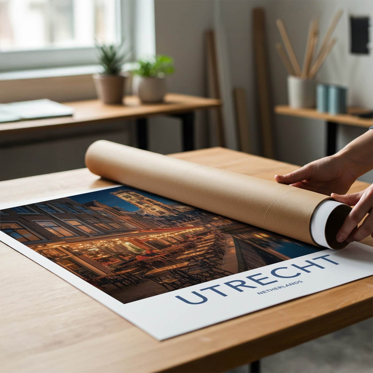 Utrecht Poster - Netherlands Wall Art - Illuminated Cafe Scene Home Decor