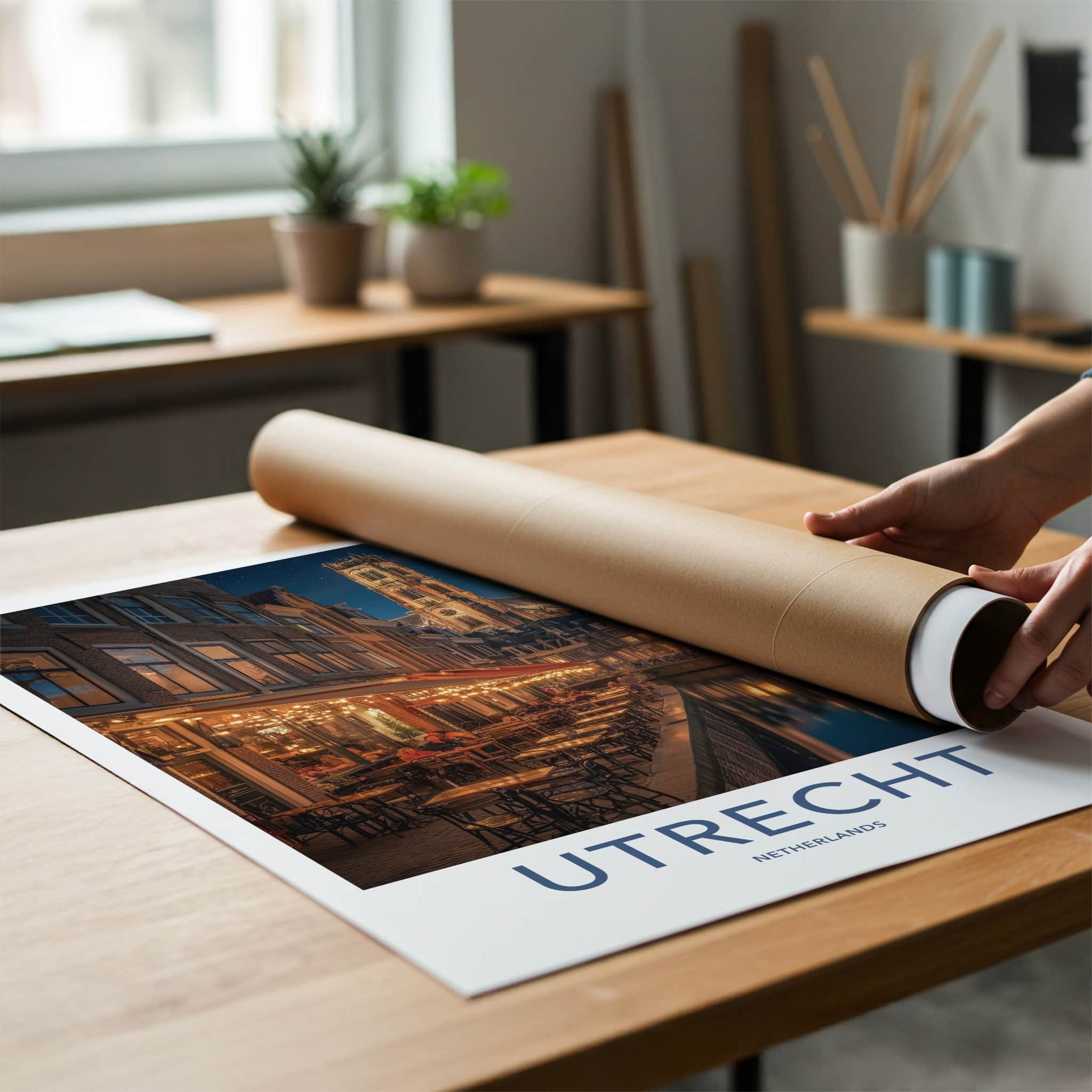 Utrecht Poster - Netherlands Wall Art - Illuminated Cafe Scene Home Decor