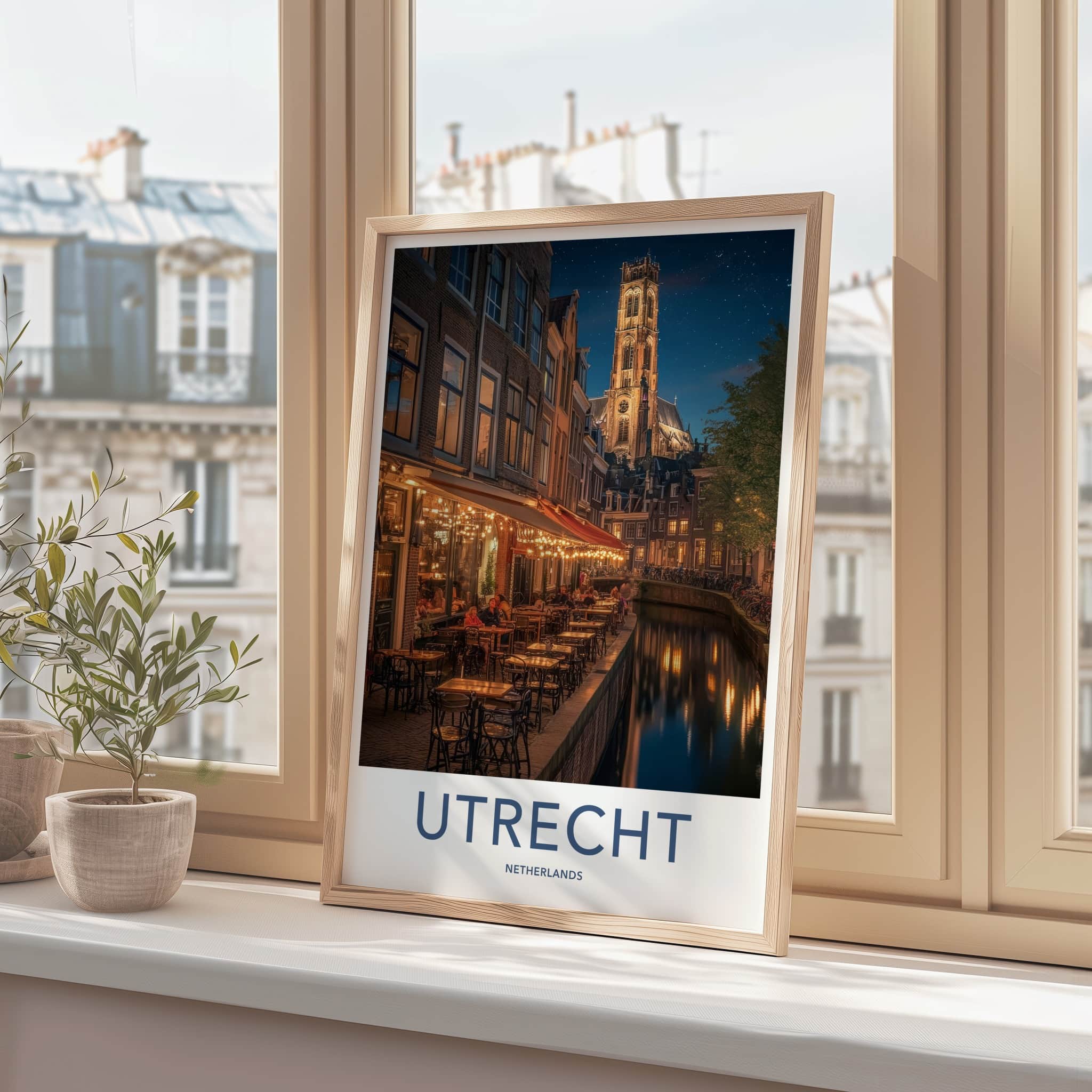 Utrecht Poster - Netherlands Wall Art - Illuminated Cafe Scene Home Decor