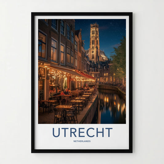 Utrecht Poster - Netherlands Wall Art - Illuminated Cafe Scene Home Decor