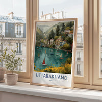 Uttarakhand Poster - India Travel Art - Uttarakhand Hillside Lake Scene Home Decor