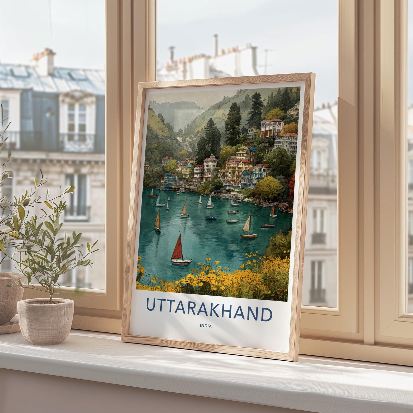 Uttarakhand Poster - India Travel Art - Uttarakhand Hillside Lake Scene Home Decor