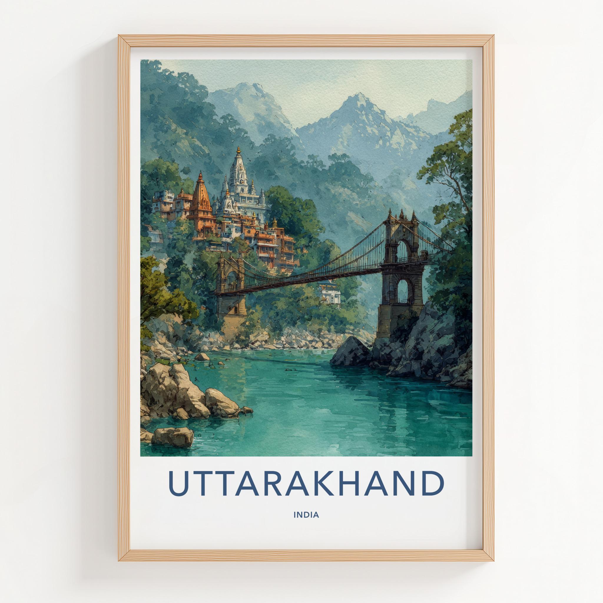 Uttarakhand Poster - India Travel Art - Uttarakhand River Bridge Home Decor