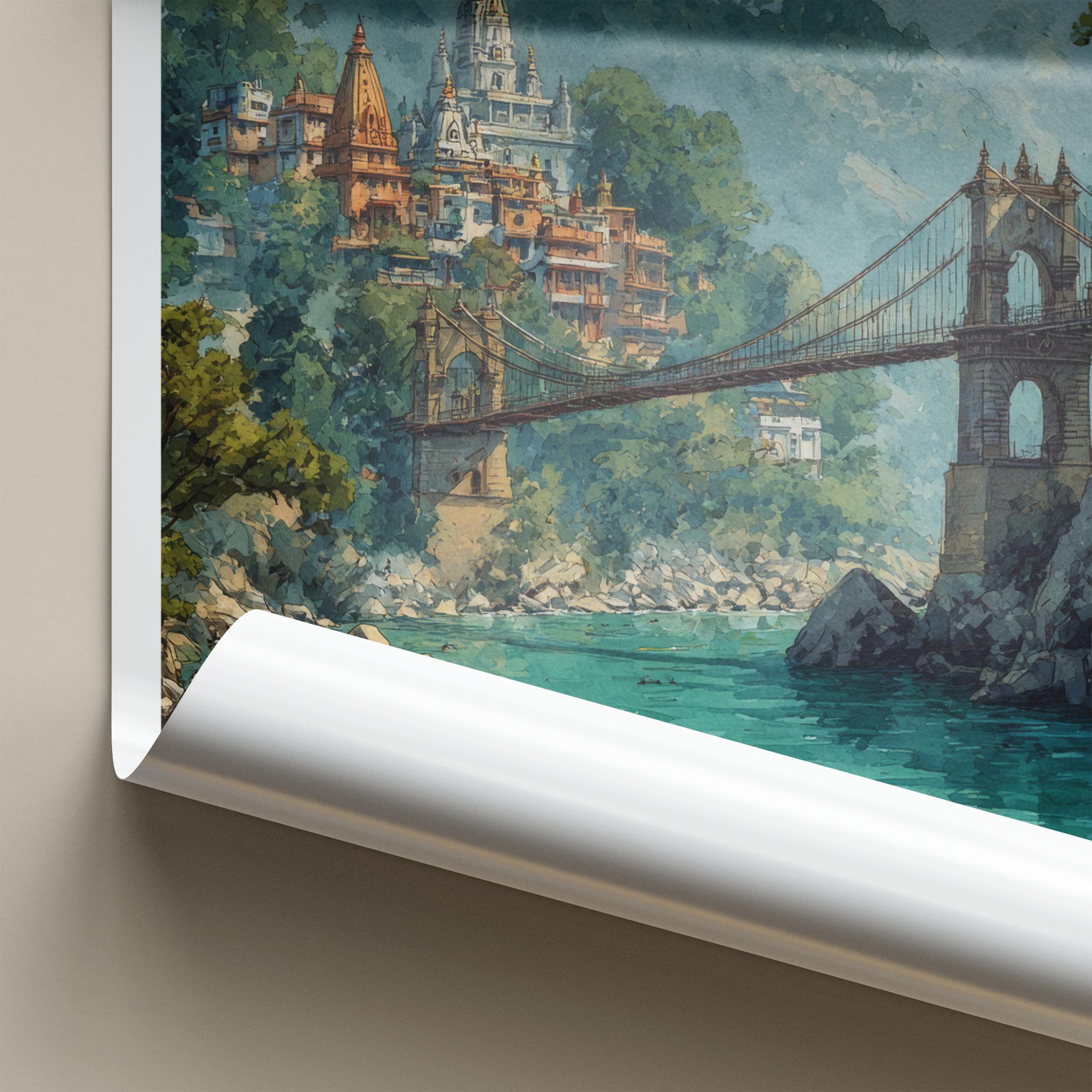 Uttarakhand Poster - India Travel Art - Uttarakhand River Bridge Home Decor