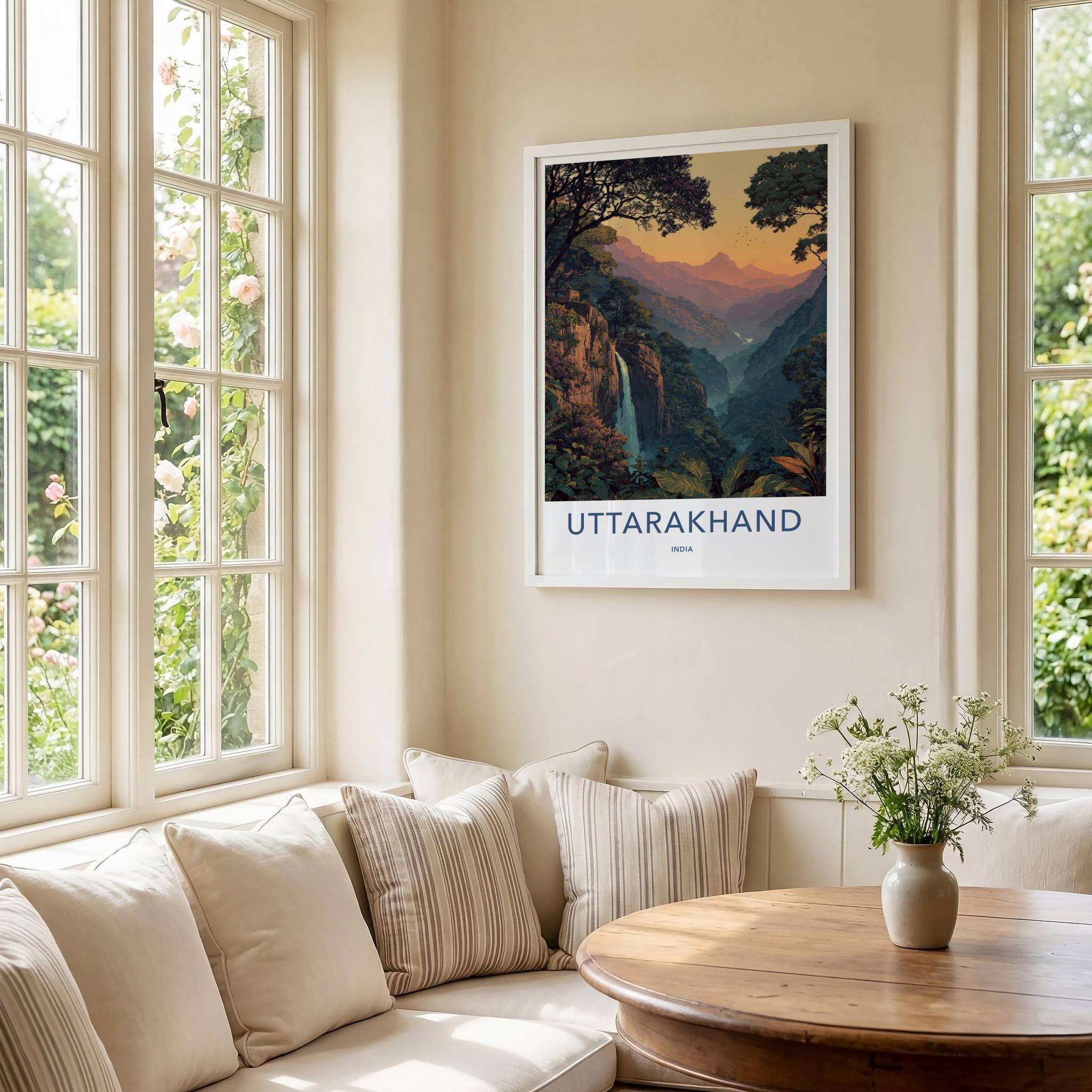 Uttarakhand Poster - India Wall Art - Uttarakhand Mountain Valley Waterfall Gift