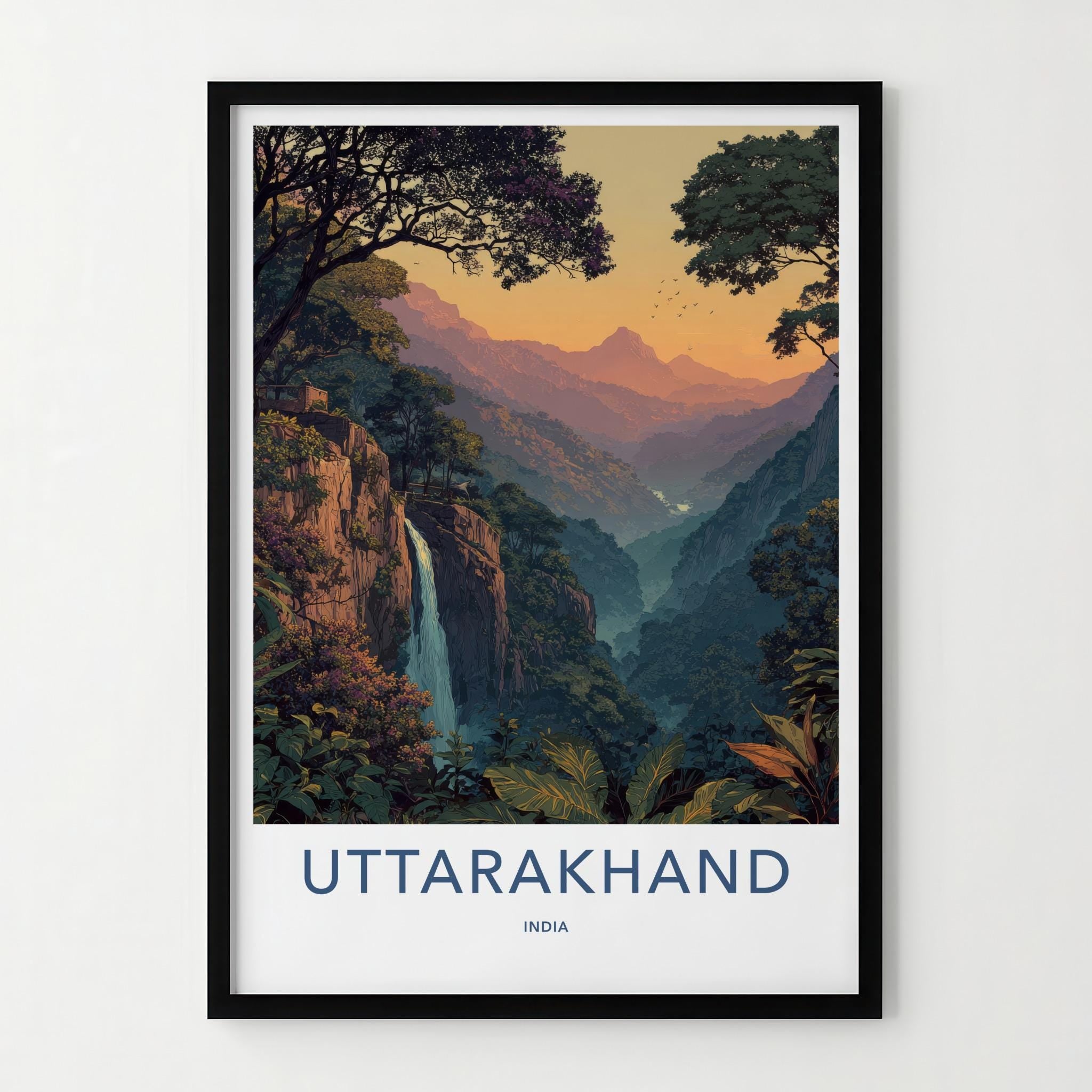 Uttarakhand Poster - India Wall Art - Uttarakhand Mountain Valley Waterfall Gift