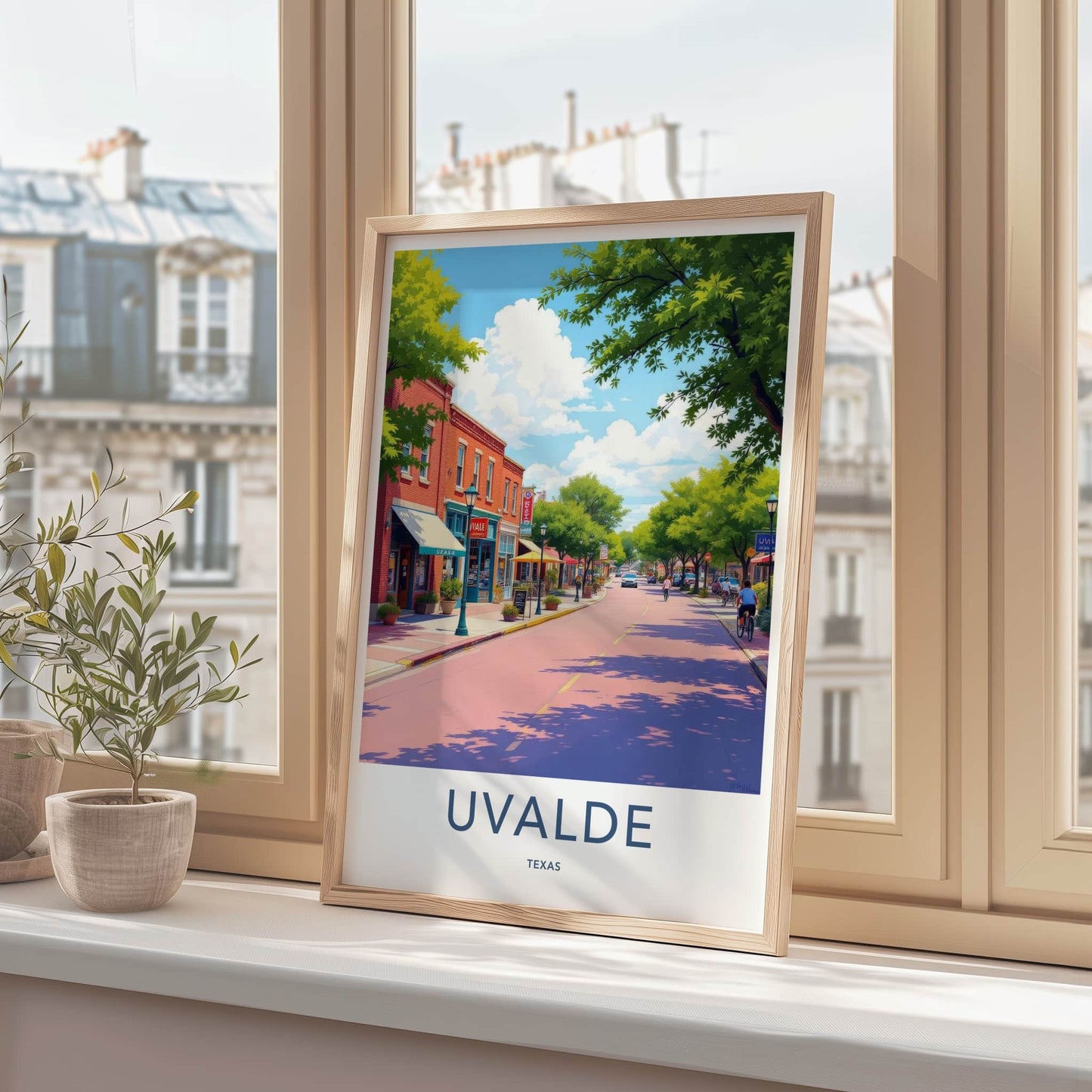 Uvalde Poster - Texas Travel Art - Sunny Town Street Home Decor