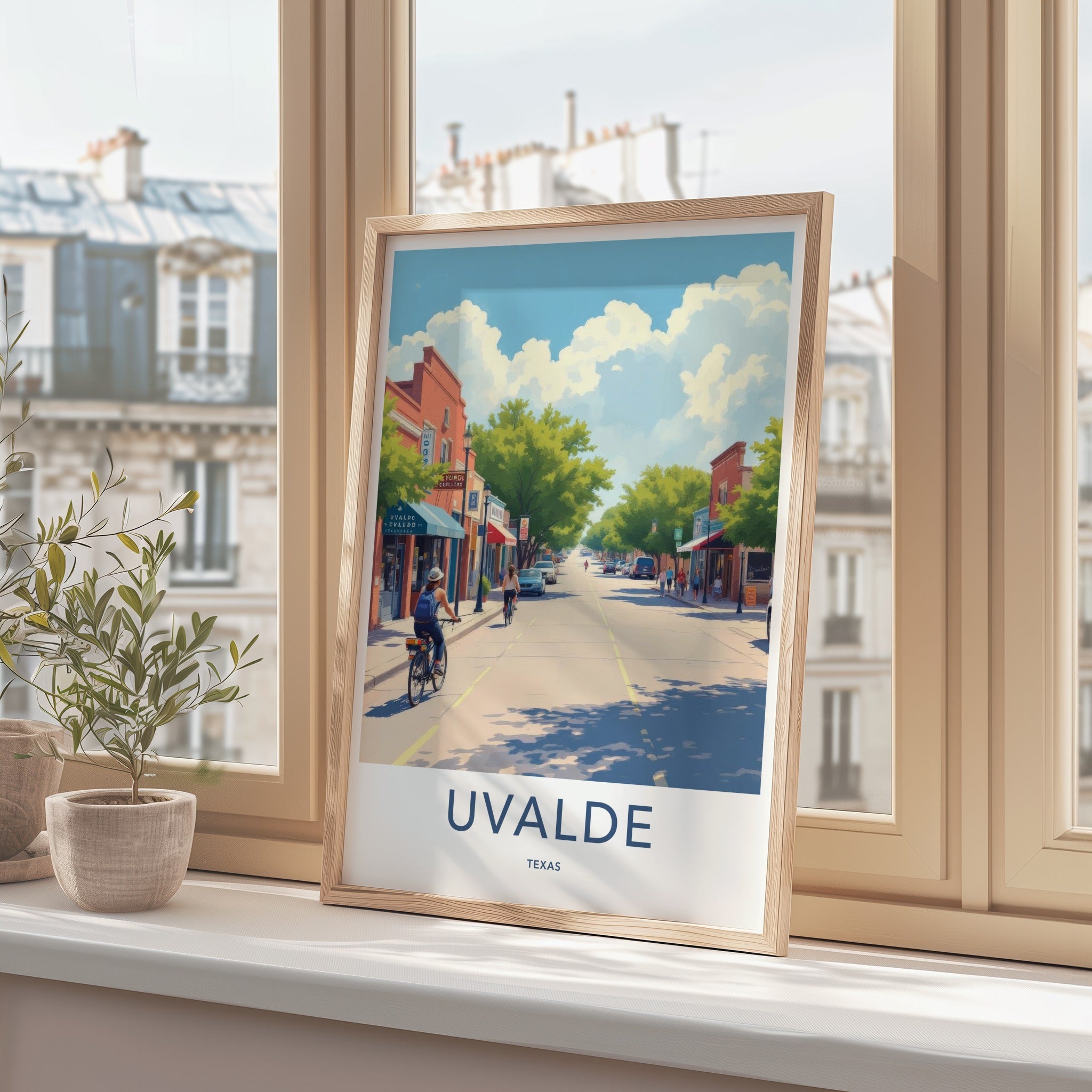 Uvalde Poster - Texas Travel Print - Sunny Street Scene Home Decor
