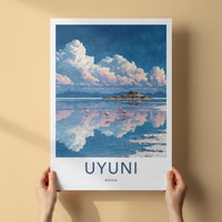 Uyuni Poster - Bolivia Travel Art - Flamingos Reflective Lake Home Decor