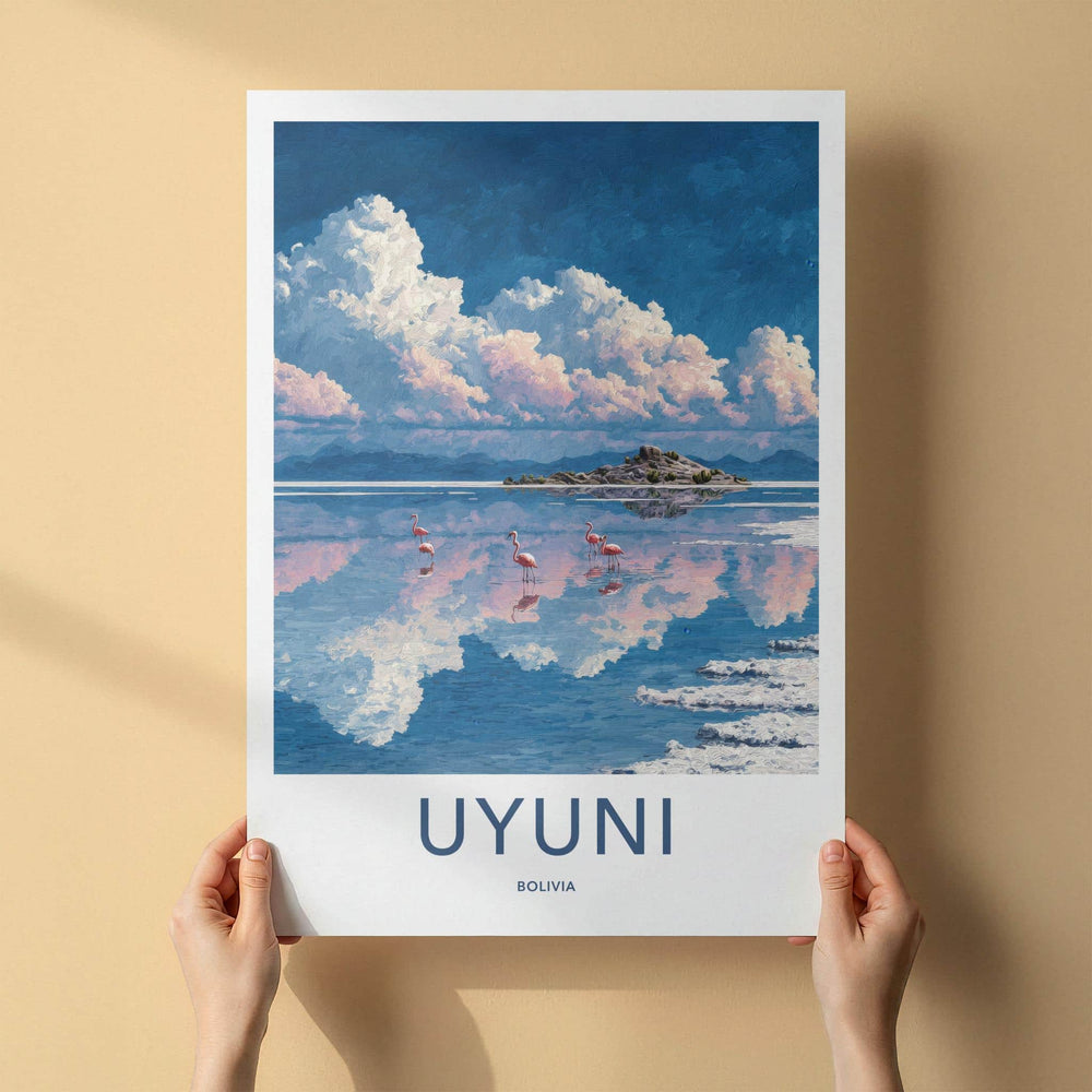 Uyuni Poster - Bolivia Travel Art - Flamingos Reflective Lake Home Decor