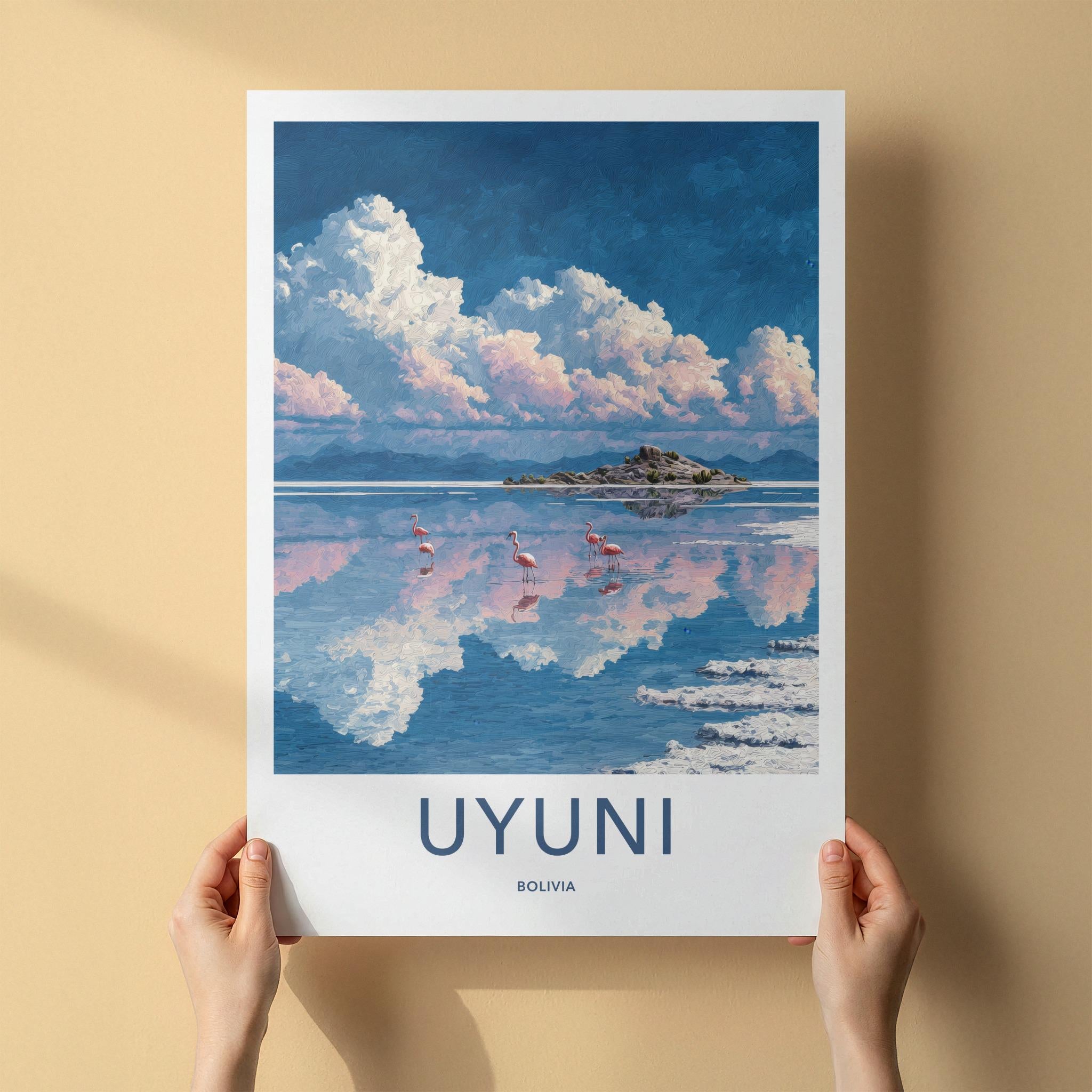 Uyuni Poster - Bolivia Travel Art - Flamingos Reflective Lake Home Decor