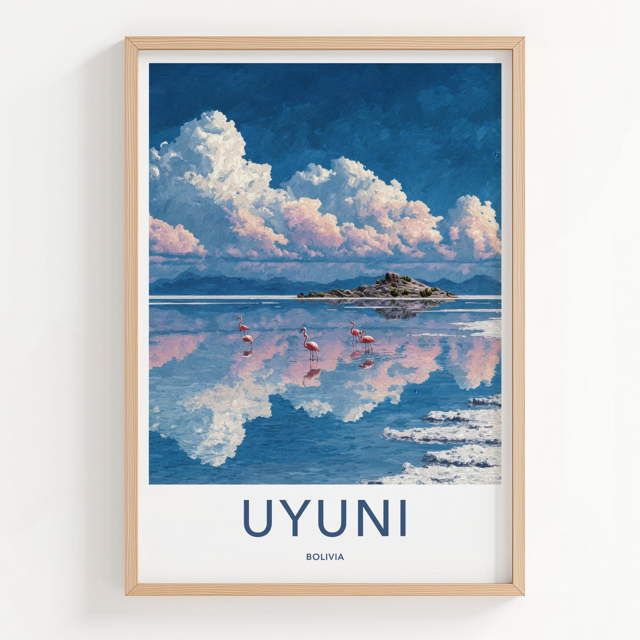Uyuni Poster - Bolivia Travel Art - Flamingos Reflective Lake Home Decor