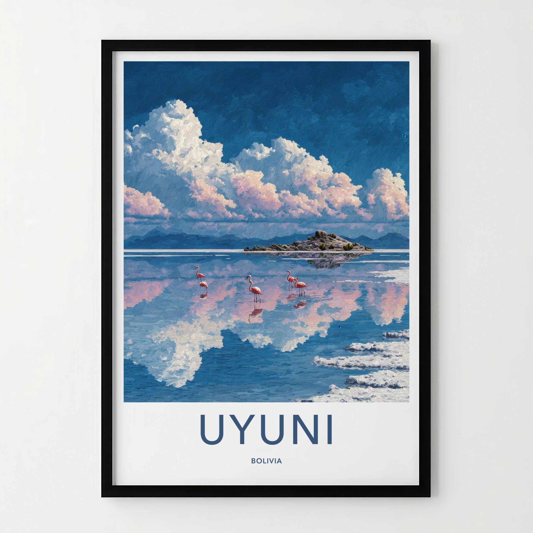Uyuni Poster - Bolivia Travel Art - Flamingos Reflective Lake Home Decor