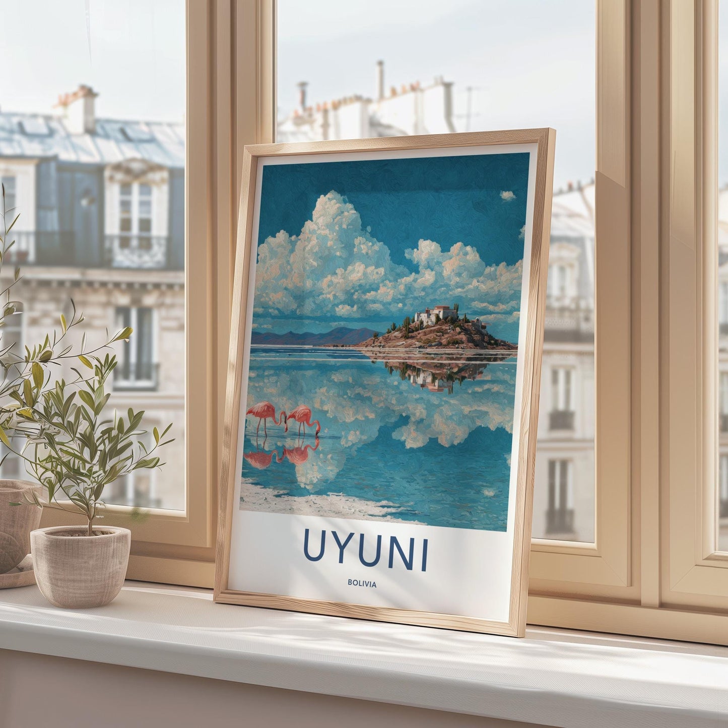 Uyuni Poster - Bolivia Travel Art - Pink Flamingos Island Wall Decor