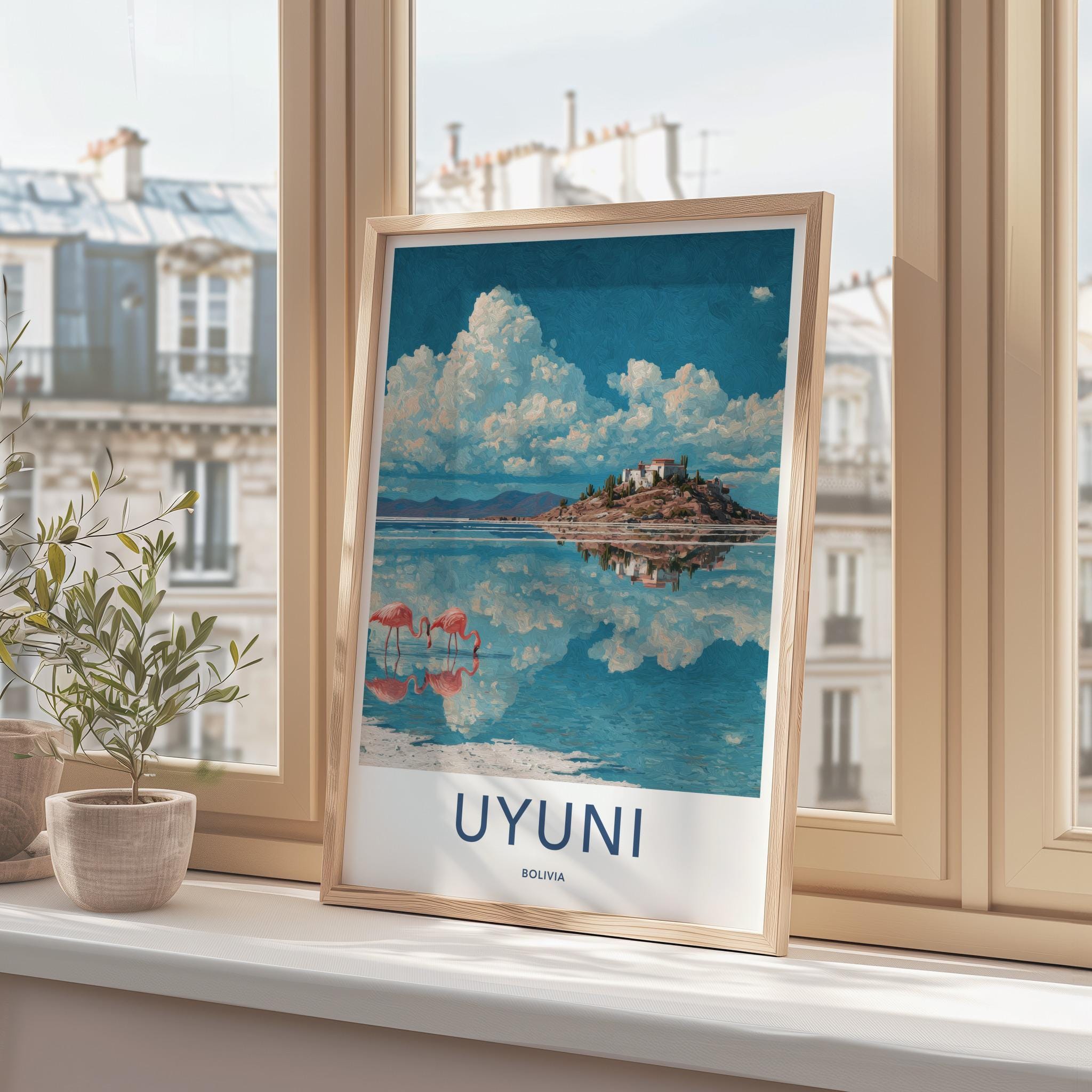 Uyuni Poster - Bolivia Travel Art - Pink Flamingos Island Wall Decor