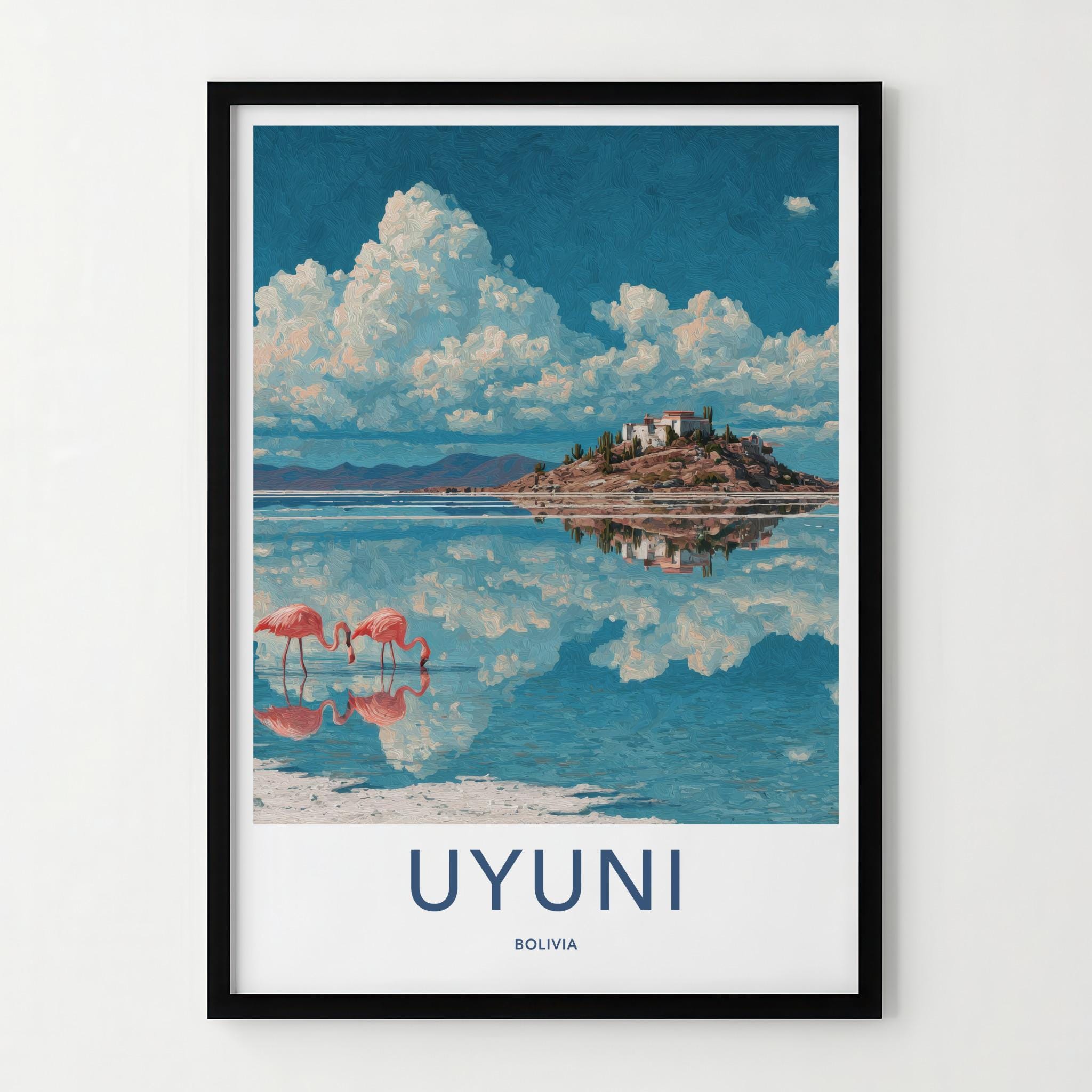 Uyuni Poster - Bolivia Travel Art - Pink Flamingos Island Wall Decor