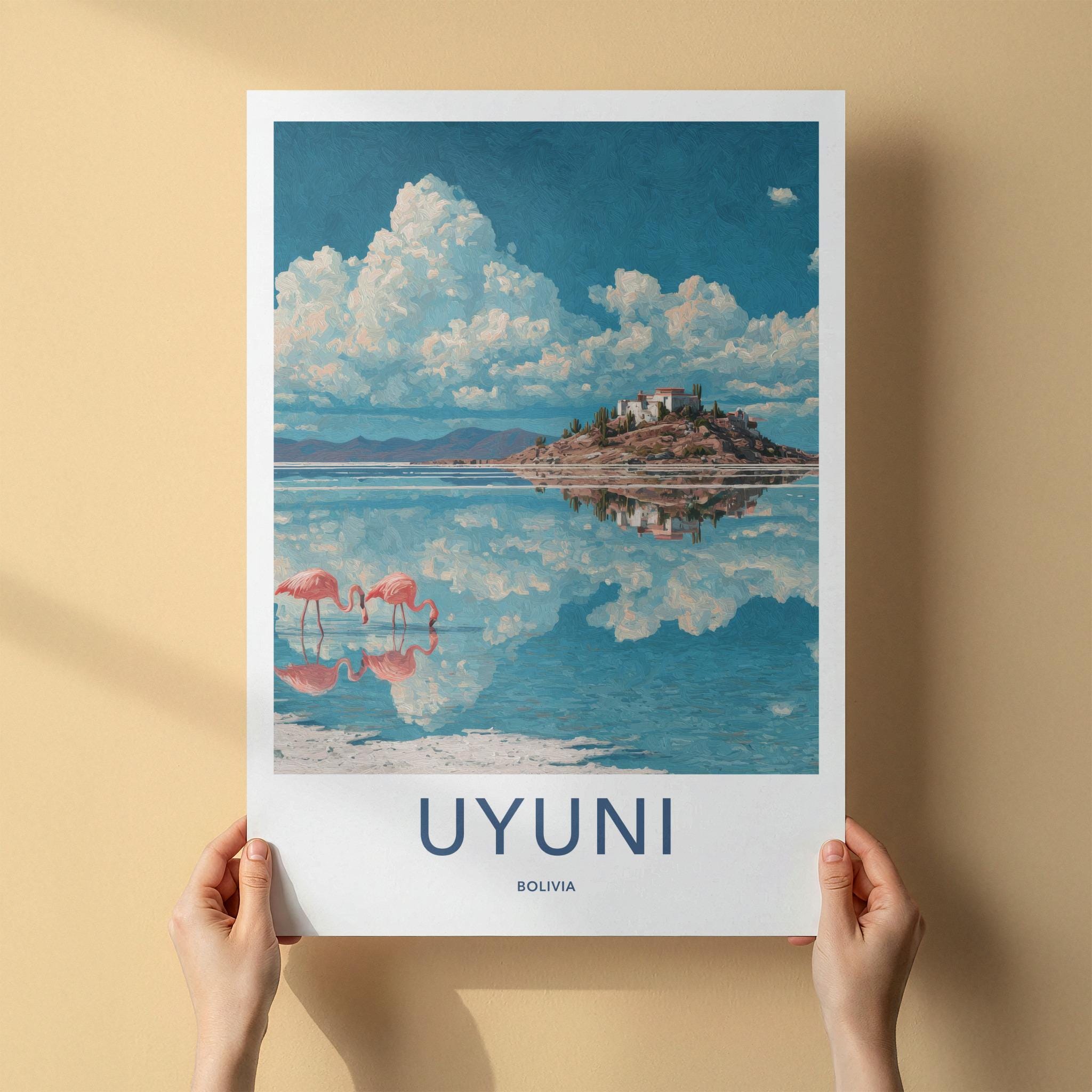 Uyuni Poster - Bolivia Travel Art - Pink Flamingos Island Wall Decor