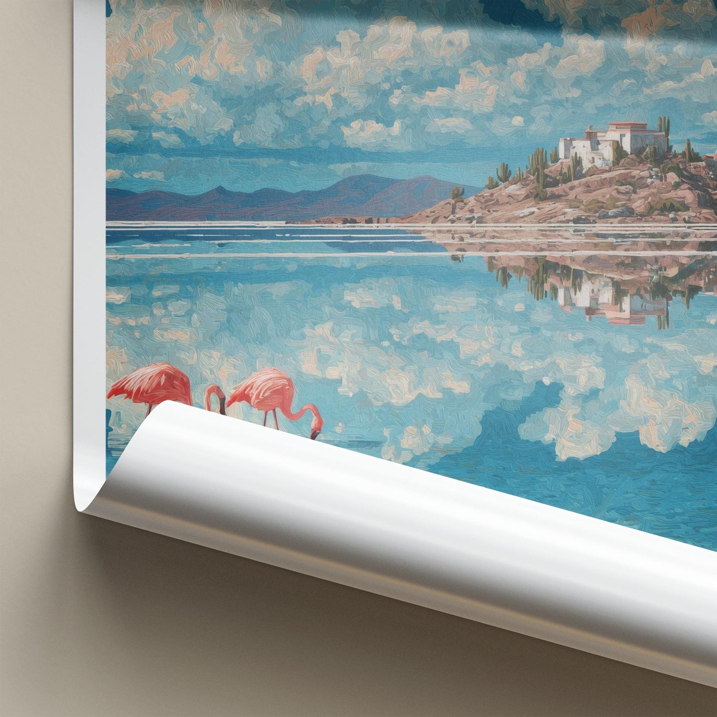 Uyuni Poster - Bolivia Travel Art - Pink Flamingos Island Wall Decor