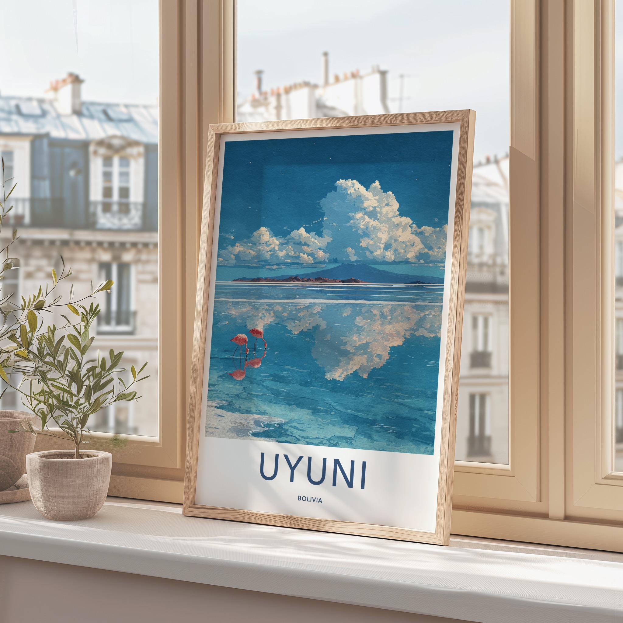 Uyuni Poster - Bolivia Travel Art - Pink Flamingos Reflection Home Decor