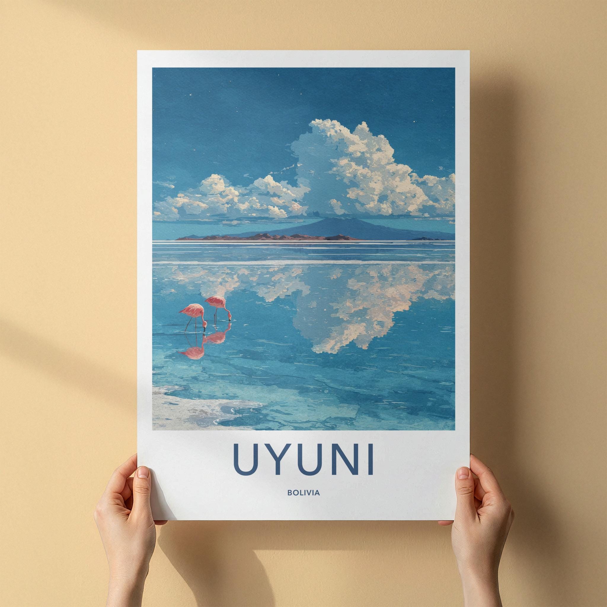 Uyuni Poster - Bolivia Travel Art - Pink Flamingos Reflection Home Decor