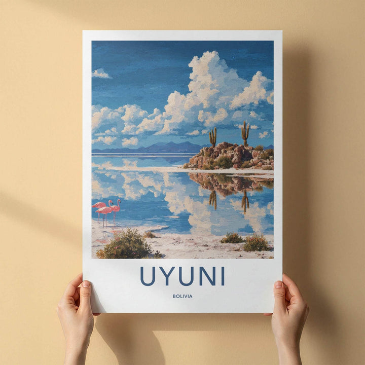 Uyuni Poster - Bolivia Travel Print - Flamingos Cacti Reflections Wall Decor
