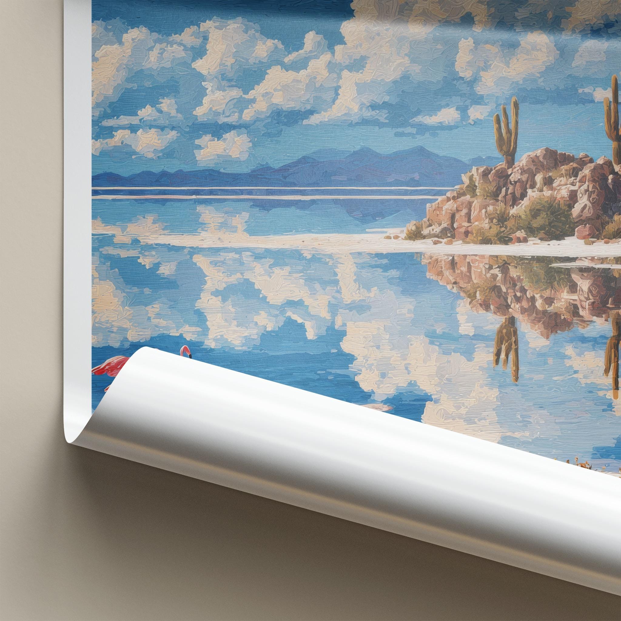 Uyuni Poster - Bolivia Travel Print - Flamingos Cacti Reflections Wall Decor