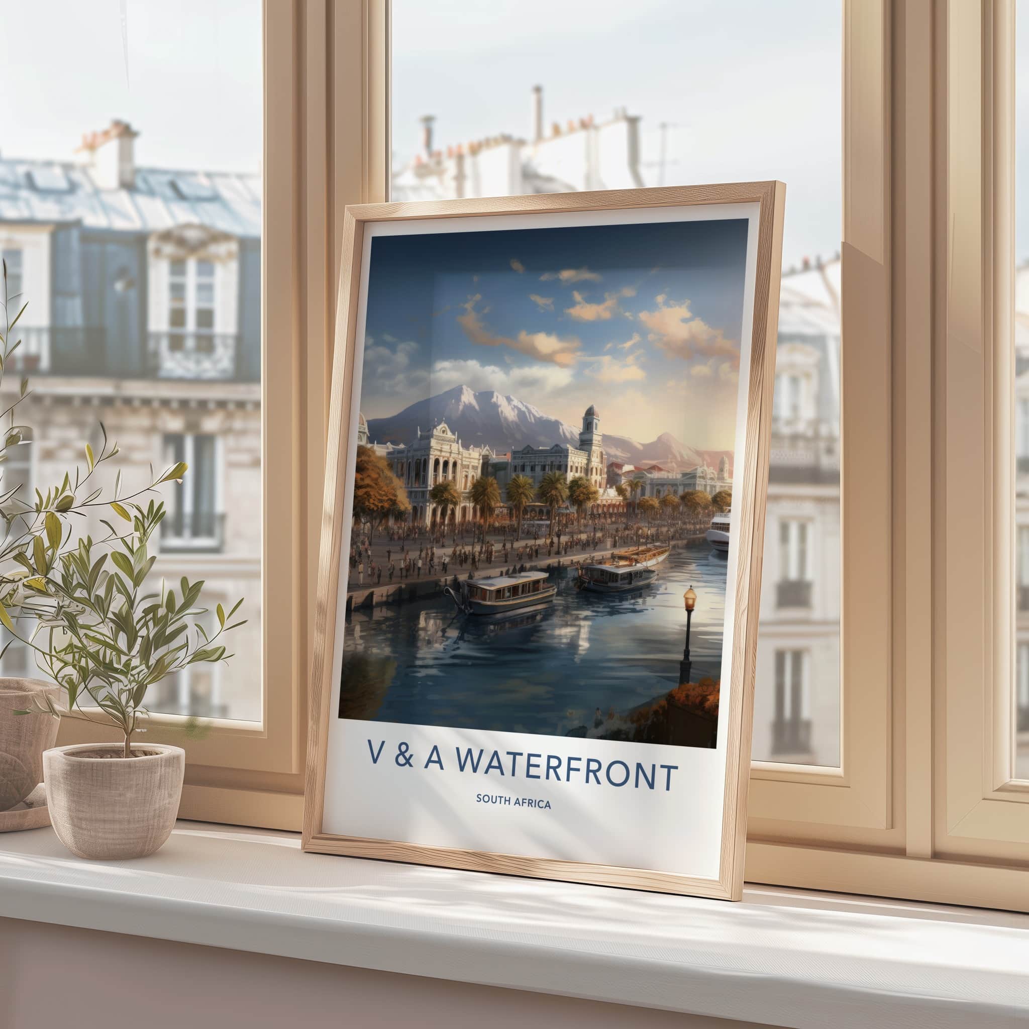 V A Waterfront Poster - South Africa Travel Art - Waterfront mountain vista Home Decor