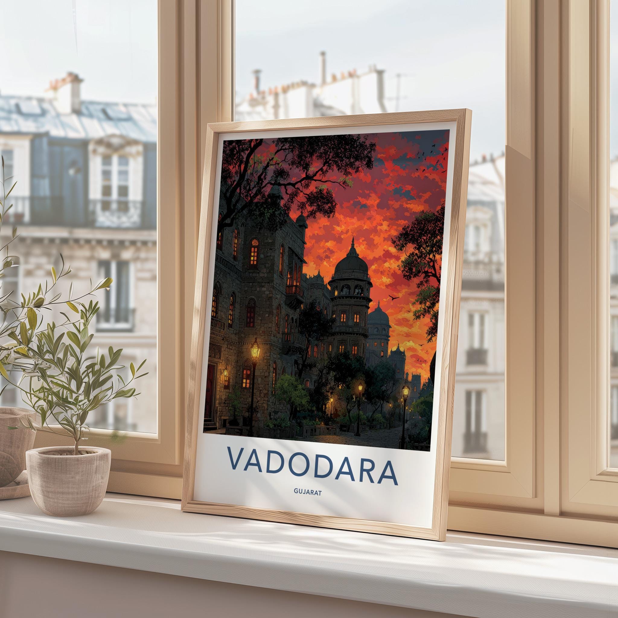 Vadodara Poster - India Travel Art - Gujarat Fiery Sunset Buildings Home Decor