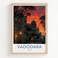 Vadodara Poster - India Travel Art - Gujarat Fiery Sunset Buildings Home Decor