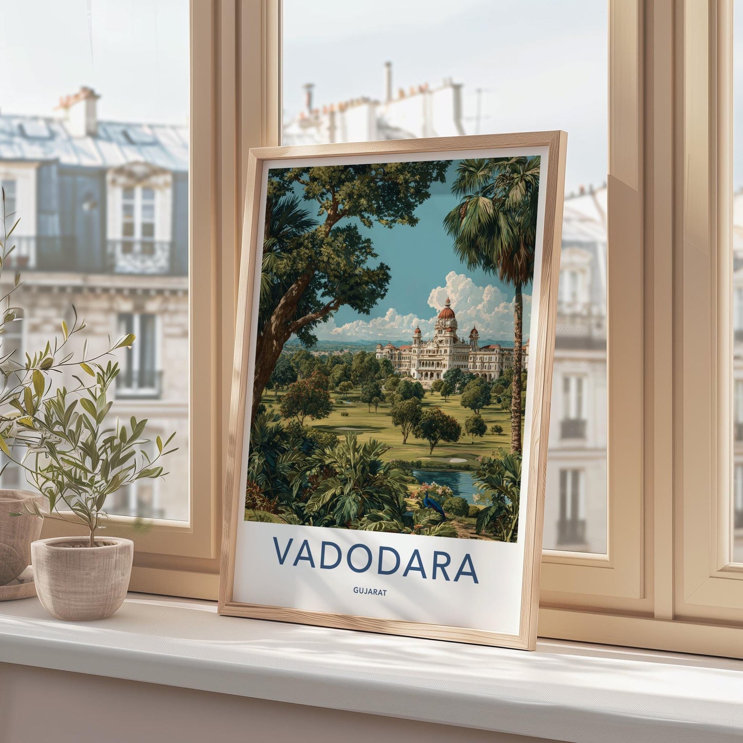 Vadodara Poster - India Travel Art - Gujarat Grand Palace Grounds Home Decor