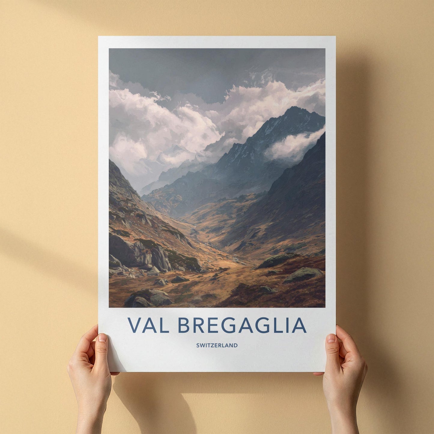 Val Bregaglia Poster - Switzerland Travel Art - Cloudy Mountain Valley Home Decor