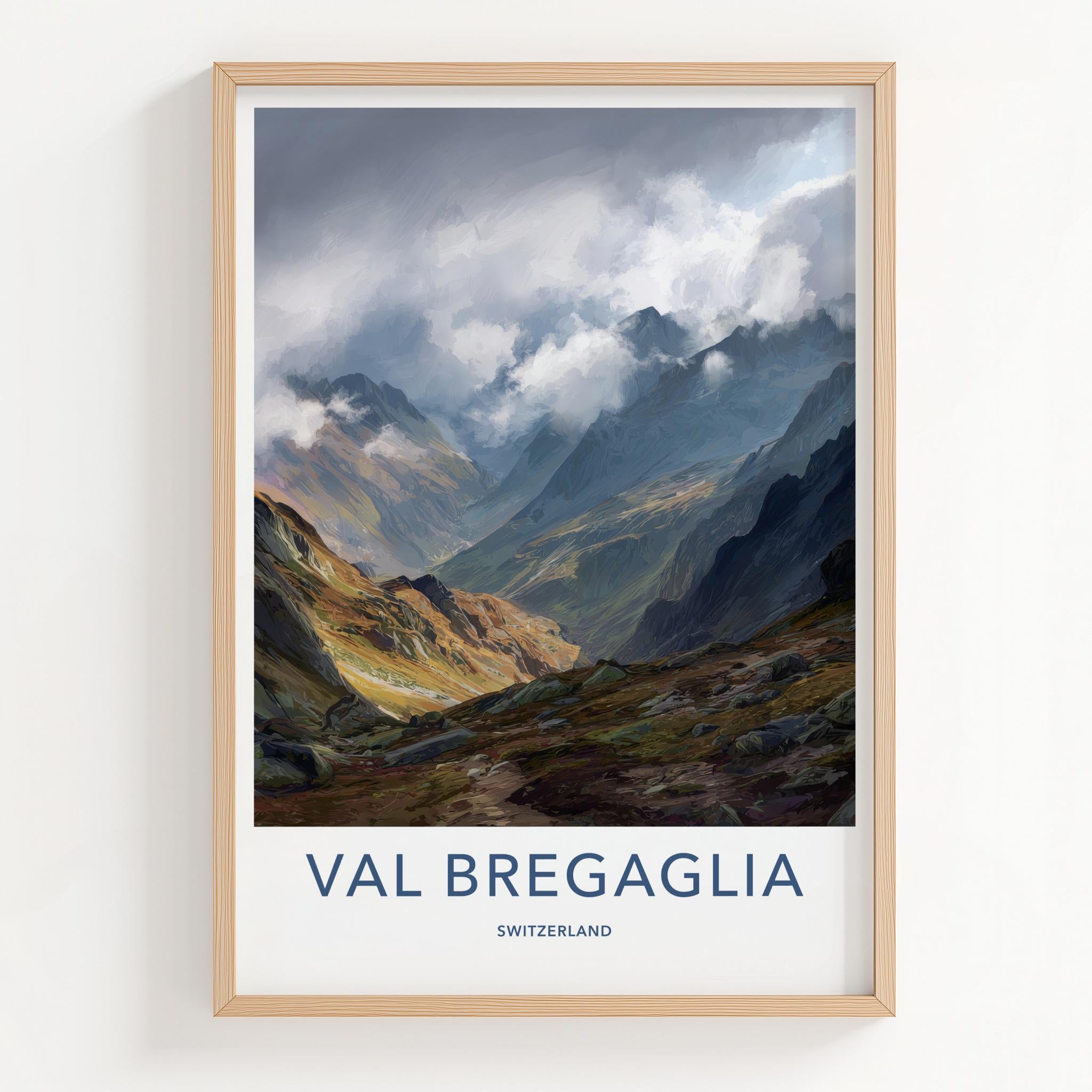 Val Bregaglia Poster - Switzerland Travel Art - Cloudy Mountain Valley Home Decor