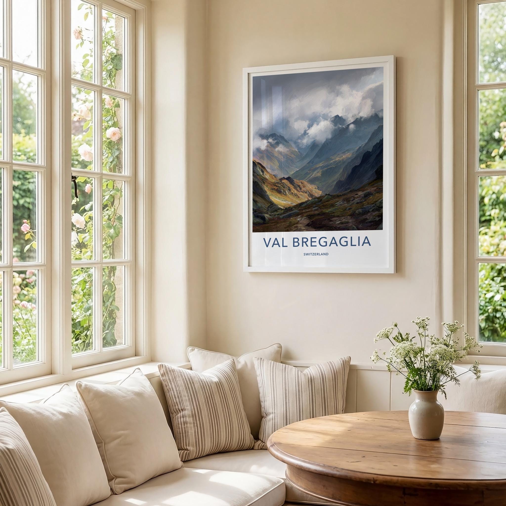 Val Bregaglia Poster - Switzerland Travel Art - Cloudy Mountain Valley Home Decor