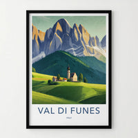 Val Di Funes Poster - Italy Travel Art - Alpine Village Church Home Decor