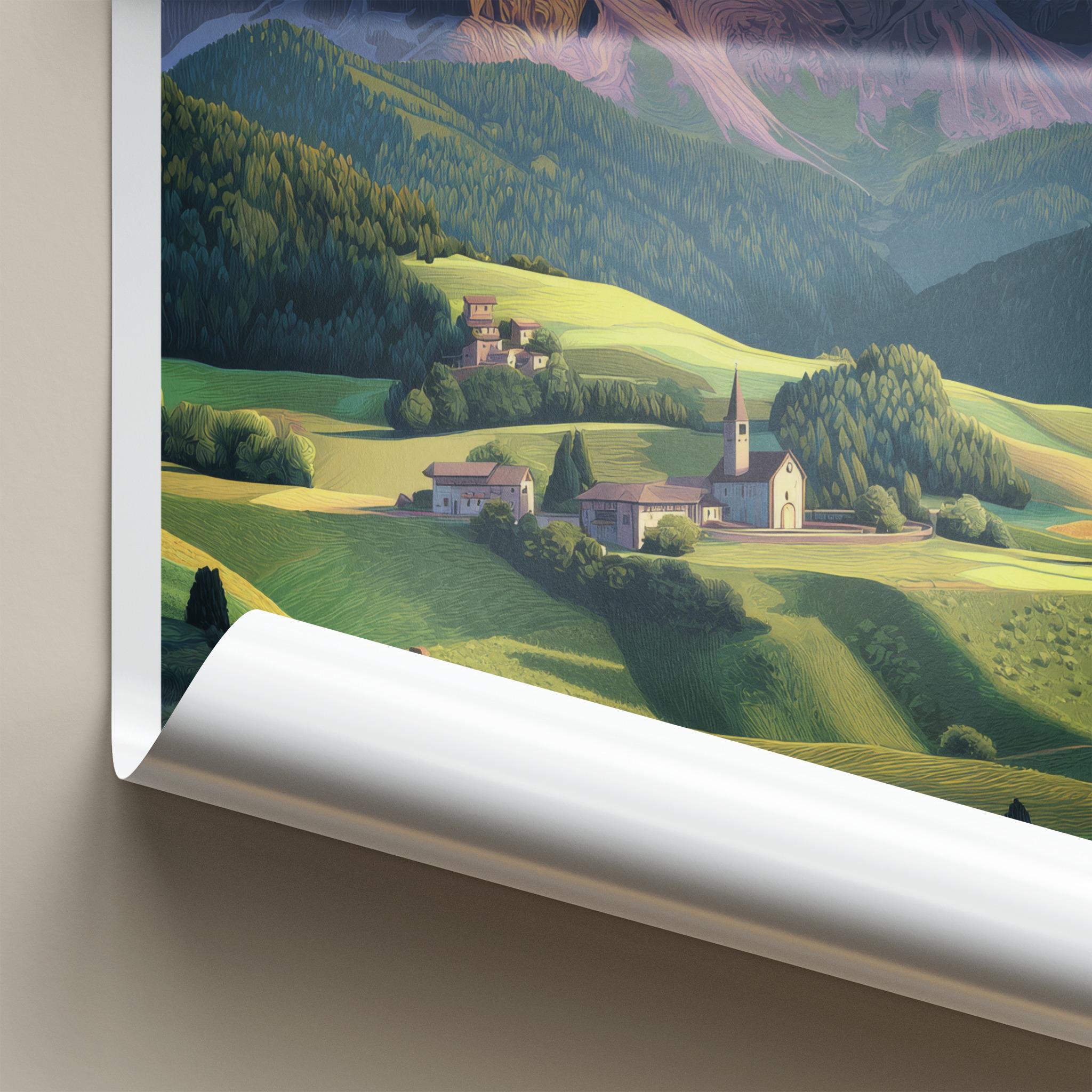 Val Di Funes Poster - Italy Travel Art - Dolomite Mountain Village Home Decor