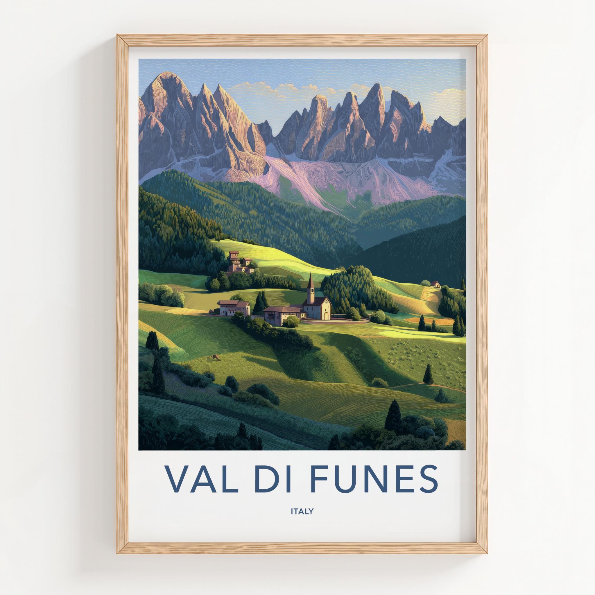 Val Di Funes Poster - Italy Travel Art - Dolomite Mountain Village Home Decor