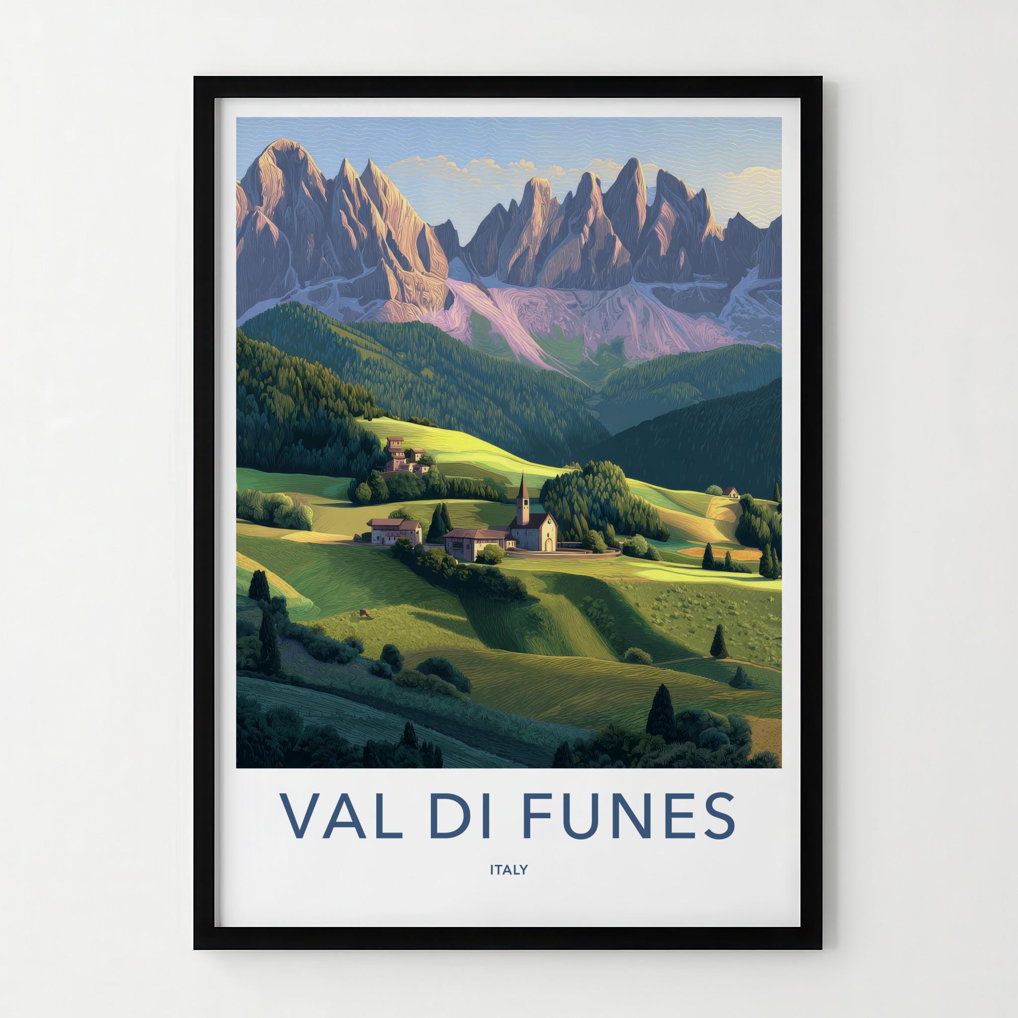Val Di Funes Poster - Italy Travel Art - Dolomite Mountain Village Home Decor