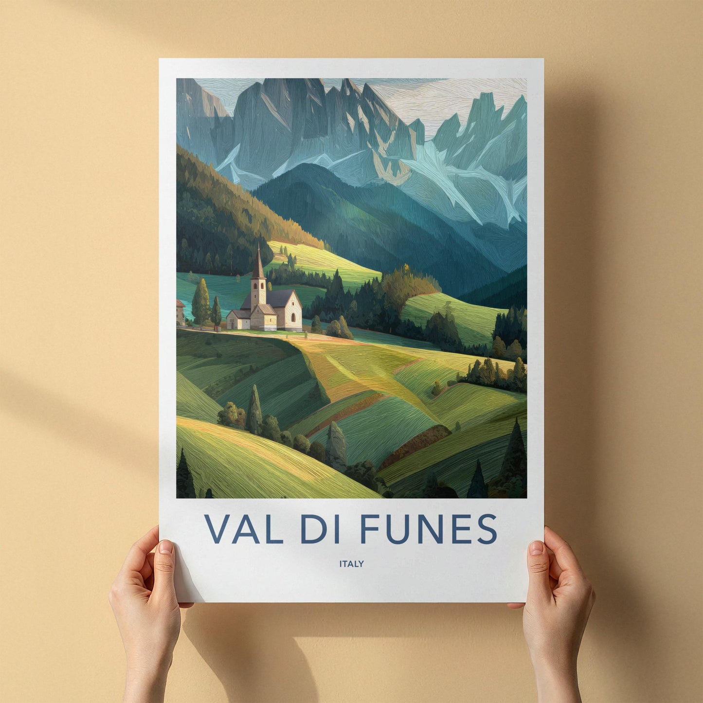 Val Di Funes Poster - Italy Travel Art - Mountain Valley Church Home Decor