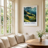 Val Di Funes Poster - Italy Travel Art - Mountain Valley Church Home Decor