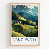 Val Di Funes Poster - Italy Travel Art - Mountain Valley Church Home Decor
