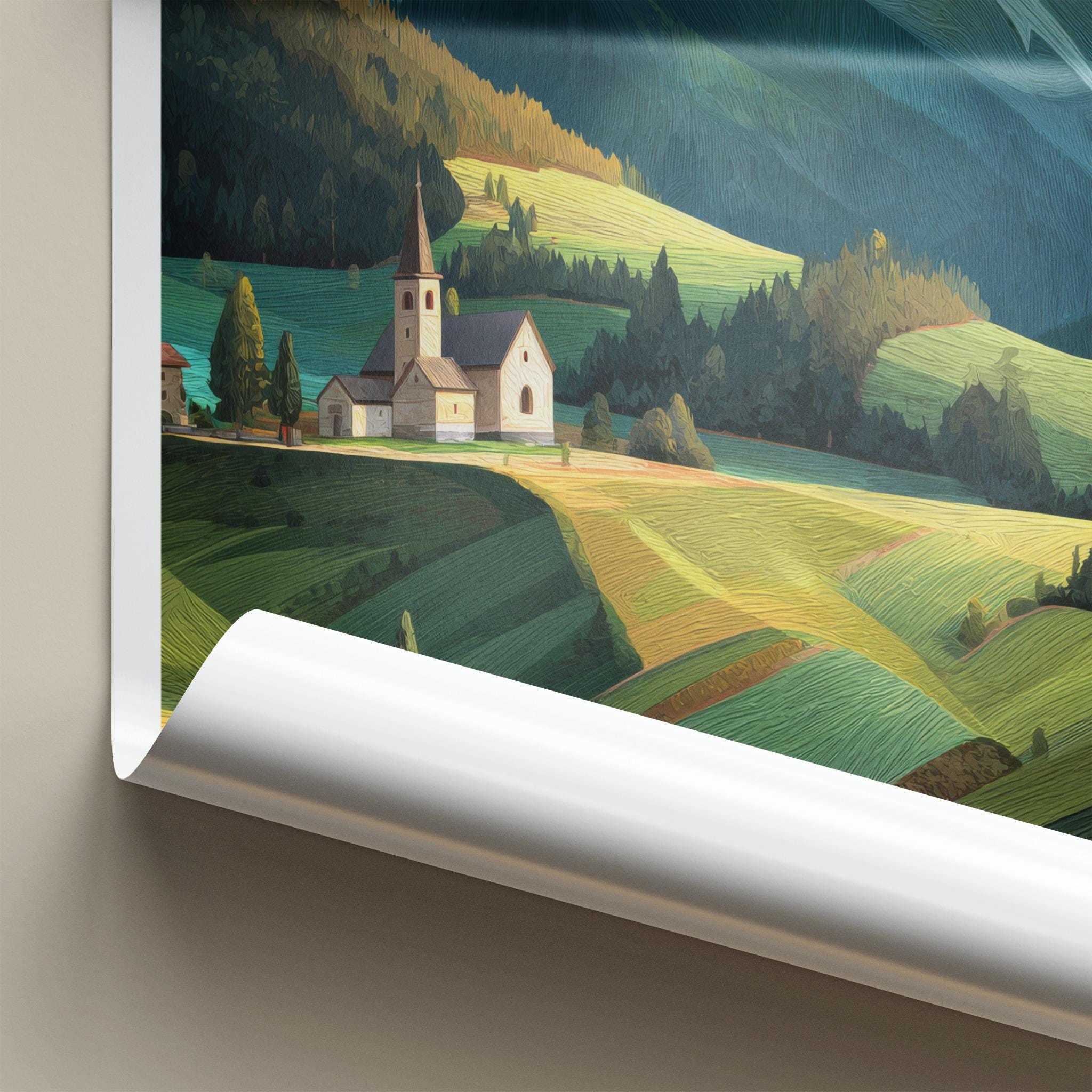 Val Di Funes Poster - Italy Travel Art - Mountain Valley Church Home Decor