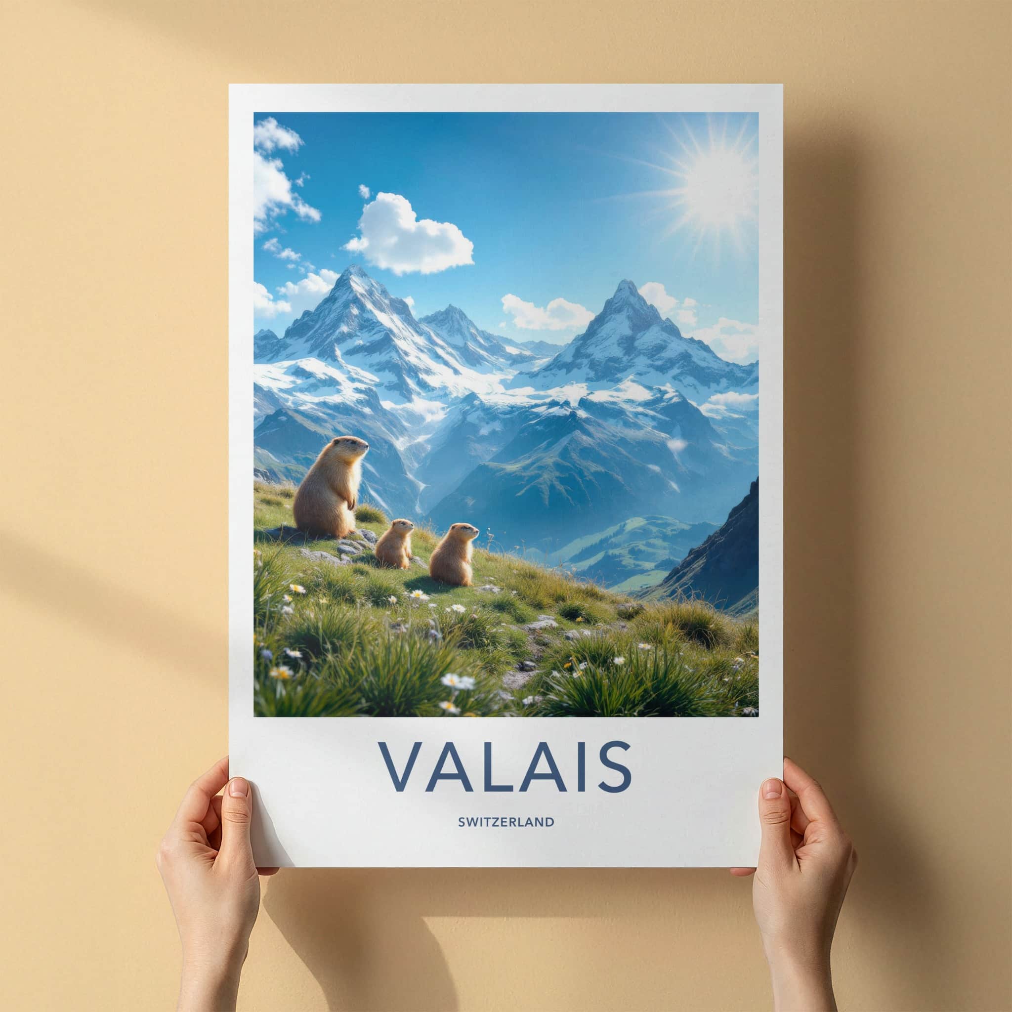 Valais Poster - Switzerland Travel Art - Alpine Marmots Sunny Home Decor