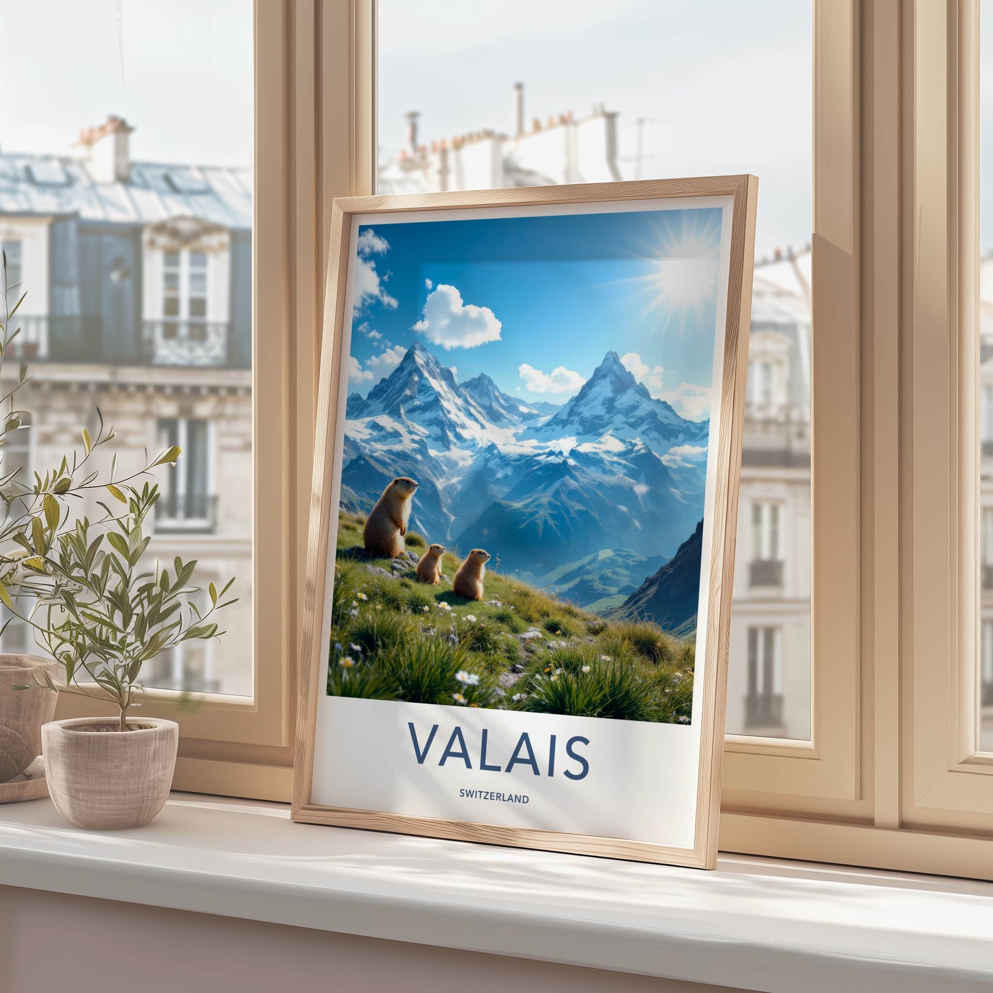 Valais Poster - Switzerland Travel Art - Alpine Marmots Sunny Home Decor