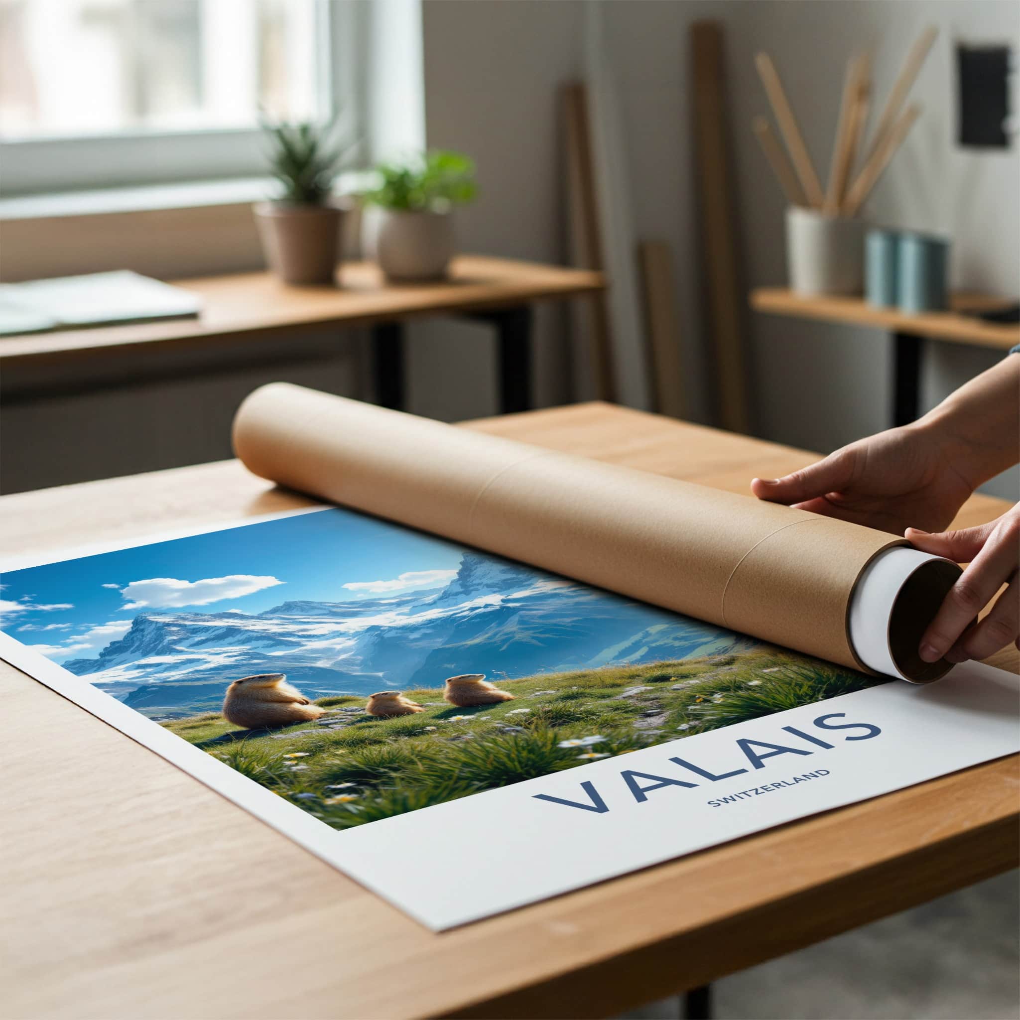 Valais Poster - Switzerland Travel Art - Alpine Marmots Sunny Home Decor