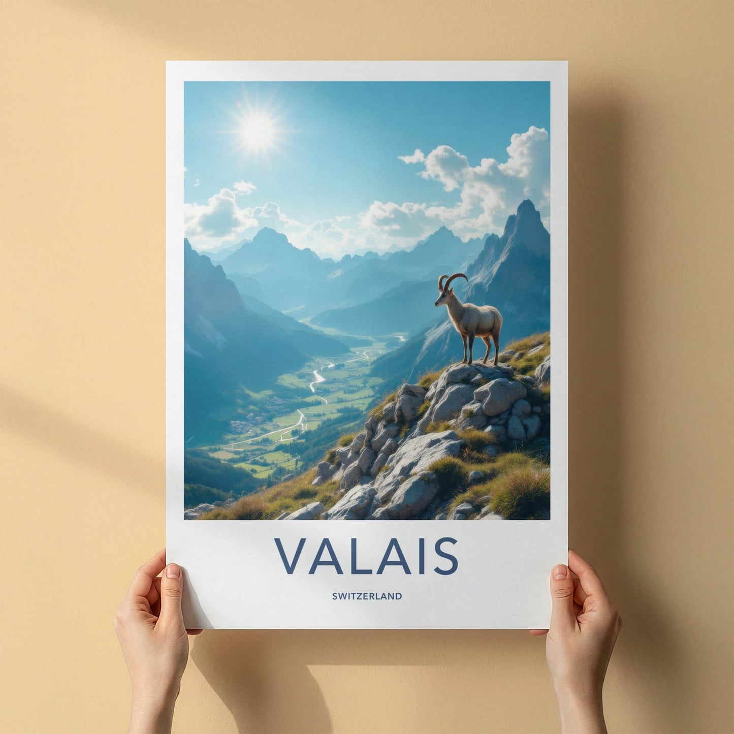 Valais Poster - Switzerland Travel Art - Ibex Mountain Valley Home Decor