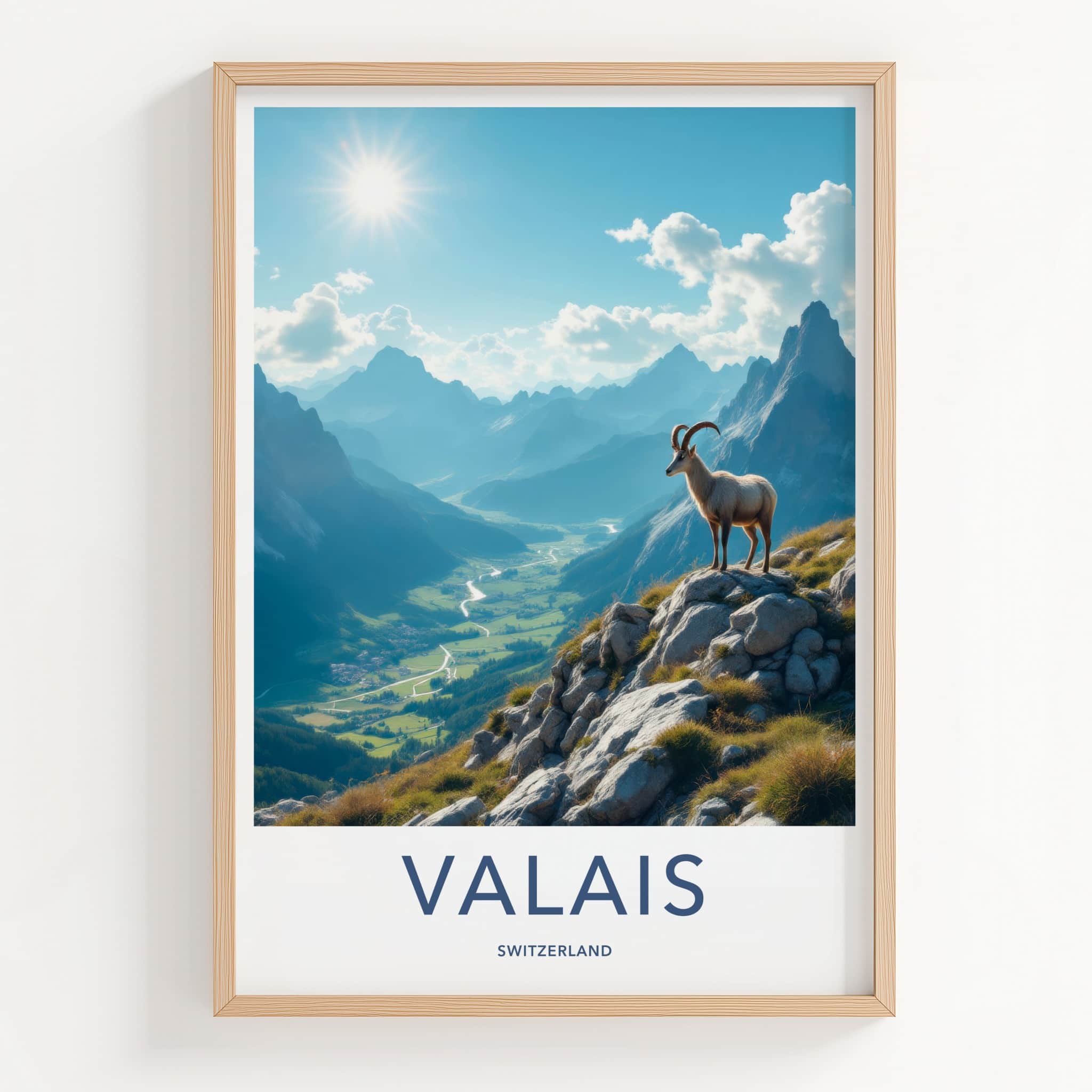 Valais Poster - Switzerland Travel Art - Ibex Mountain Valley Home Decor